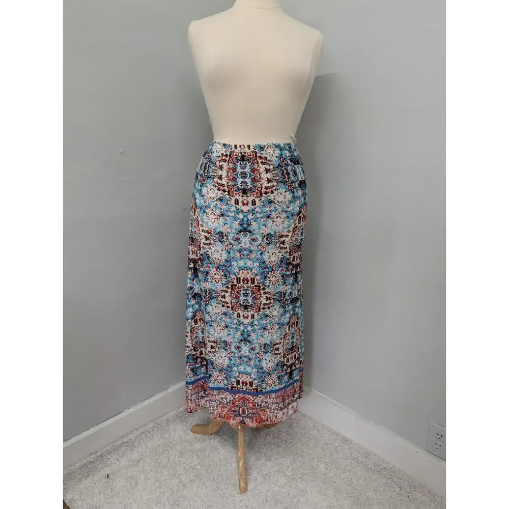 New Directions Pull On Elastic Waistband Maxi Skirt Large Petite Colorful Boho